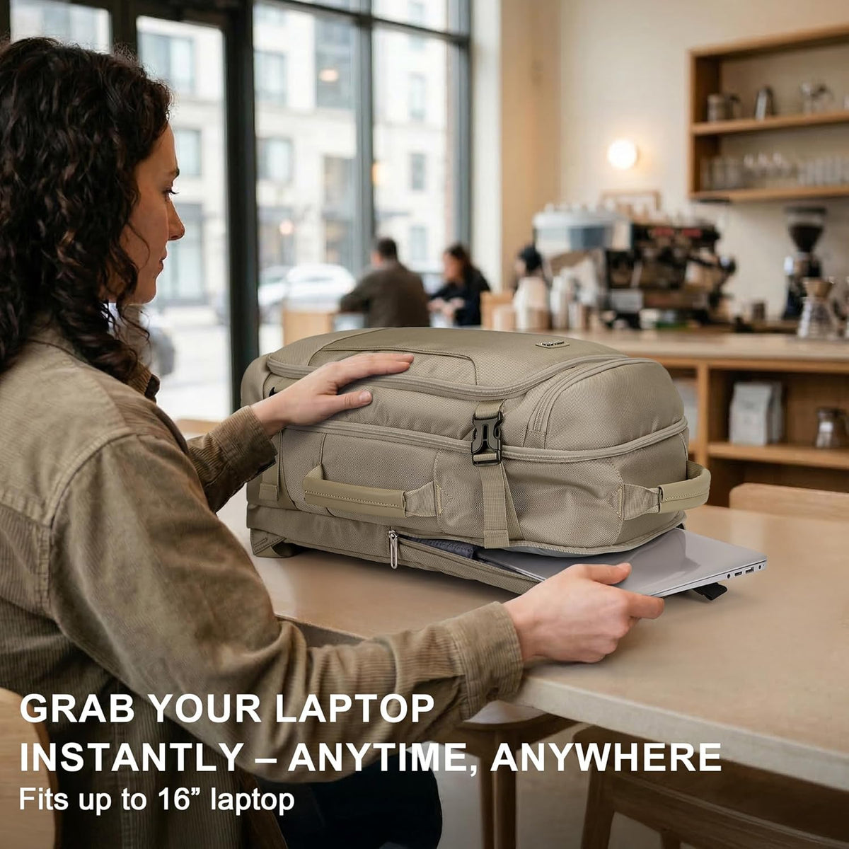 Large Travel Backpack for Women with 16" Padded Laptop Compartment | Flight Approved Carry On Bag with 180° Open, USB Port, Anti-Theft Pocket for Airport, Road Trips, Work, PE067 Khaki