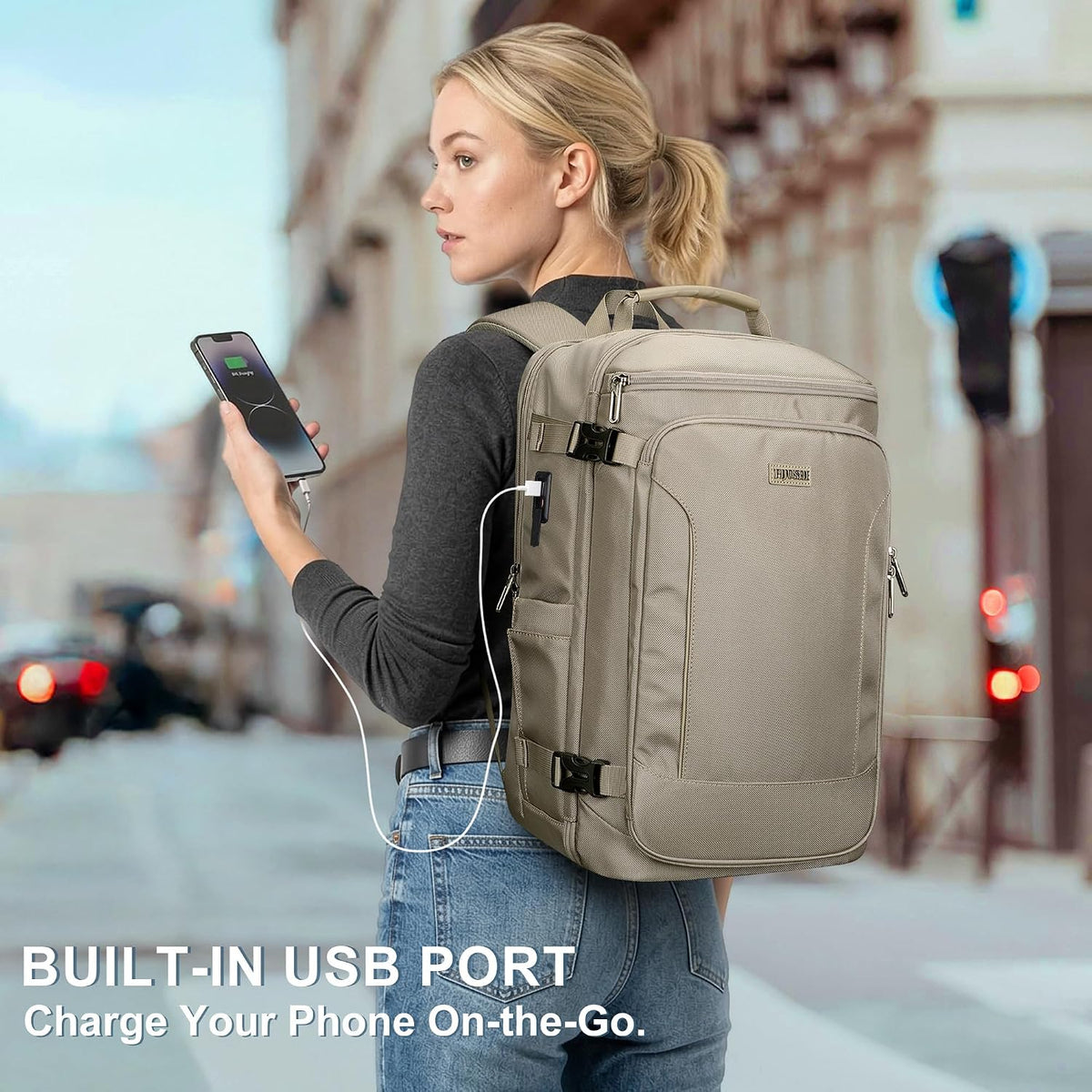 Large Travel Backpack for Women with 16" Padded Laptop Compartment | Flight Approved Carry On Bag with 180° Open, USB Port, Anti-Theft Pocket for Airport, Road Trips, Work, PE067 Khaki