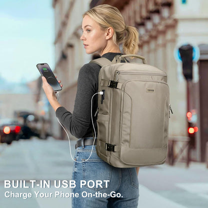Large Travel Backpack for Women with 16" Padded Laptop Compartment | Flight Approved Carry On Bag with 180° Open, USB Port, Anti-Theft Pocket for Airport, Road Trips, Work, PE067 Khaki