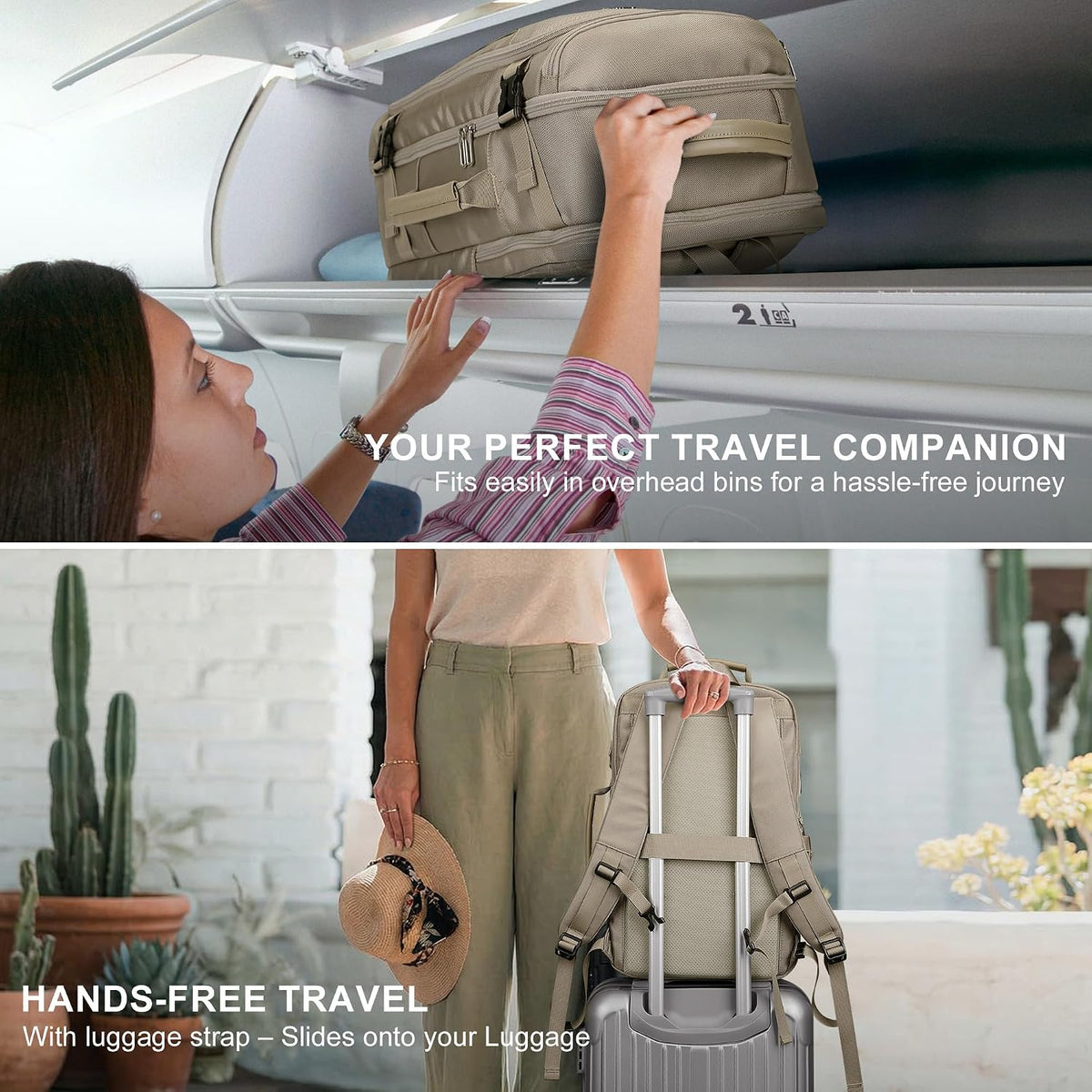 Large Travel Backpack for Women with 16" Padded Laptop Compartment | Flight Approved Carry On Bag with 180° Open, USB Port, Anti-Theft Pocket for Airport, Road Trips, Work, PE067 Khaki