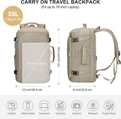 Large Travel Backpack for Women with 16" Padded Laptop Compartment | Flight Approved Carry On Bag with 180° Open, USB Port, Anti-Theft Pocket for Airport, Road Trips, Work, PE067 Khaki