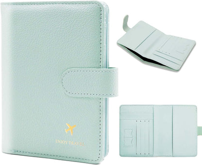 Passport Holder with RFID Blocking, Cash Pocket & Back Zipper Coin Pocket - Travel Document Holder, Magnetic Button, Multiple Card Slots - Soft PU Leather for Men and Women(AQUA GREEN)