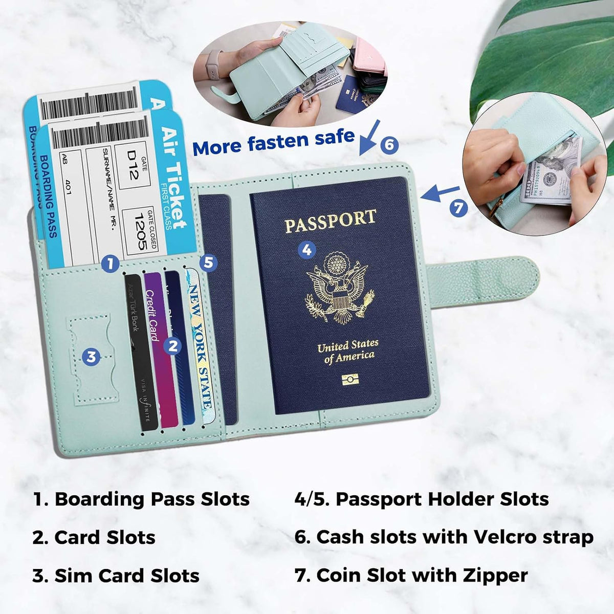 Passport Holder with RFID Blocking, Cash Pocket & Back Zipper Coin Pocket - Travel Document Holder, Magnetic Button, Multiple Card Slots - Soft PU Leather for Men and Women(AQUA GREEN)