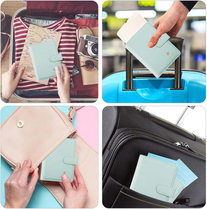 Passport Holder with RFID Blocking, Cash Pocket & Back Zipper Coin Pocket - Travel Document Holder, Magnetic Button, Multiple Card Slots - Soft PU Leather for Men and Women(AQUA GREEN)