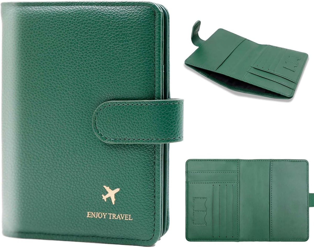 Passport Holder with RFID Blocking, Cash Pocket & Back Zipper Coin Pocket - Travel Document Holder, Magnetic Button, Multiple Card Slots - Soft PU Leather for Men and Women(AQUA GREEN)