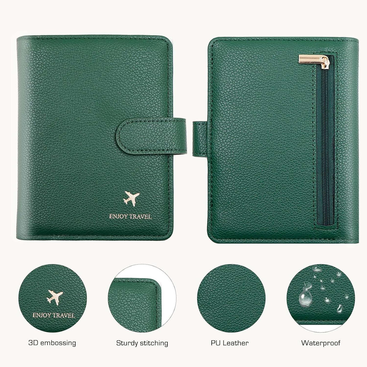 Passport Holder with RFID Blocking, Cash Pocket & Back Zipper Coin Pocket - Travel Document Holder, Magnetic Button, Multiple Card Slots - Soft PU Leather for Men and Women(AQUA GREEN)
