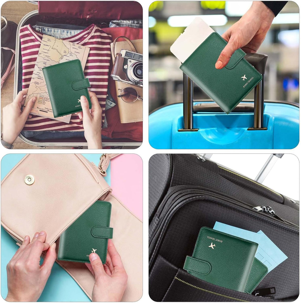 Passport Holder with RFID Blocking, Cash Pocket & Back Zipper Coin Pocket - Travel Document Holder, Magnetic Button, Multiple Card Slots - Soft PU Leather for Men and Women(AQUA GREEN)