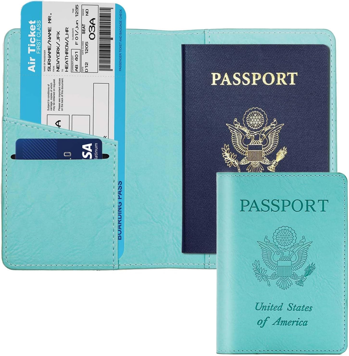 Passport Holder with RFID Blocking, Cash Pocket & Back Zipper Coin Pocket - Travel Document Holder, Magnetic Button, Multiple Card Slots - Soft PU Leather for Men and Women(AQUA GREEN)