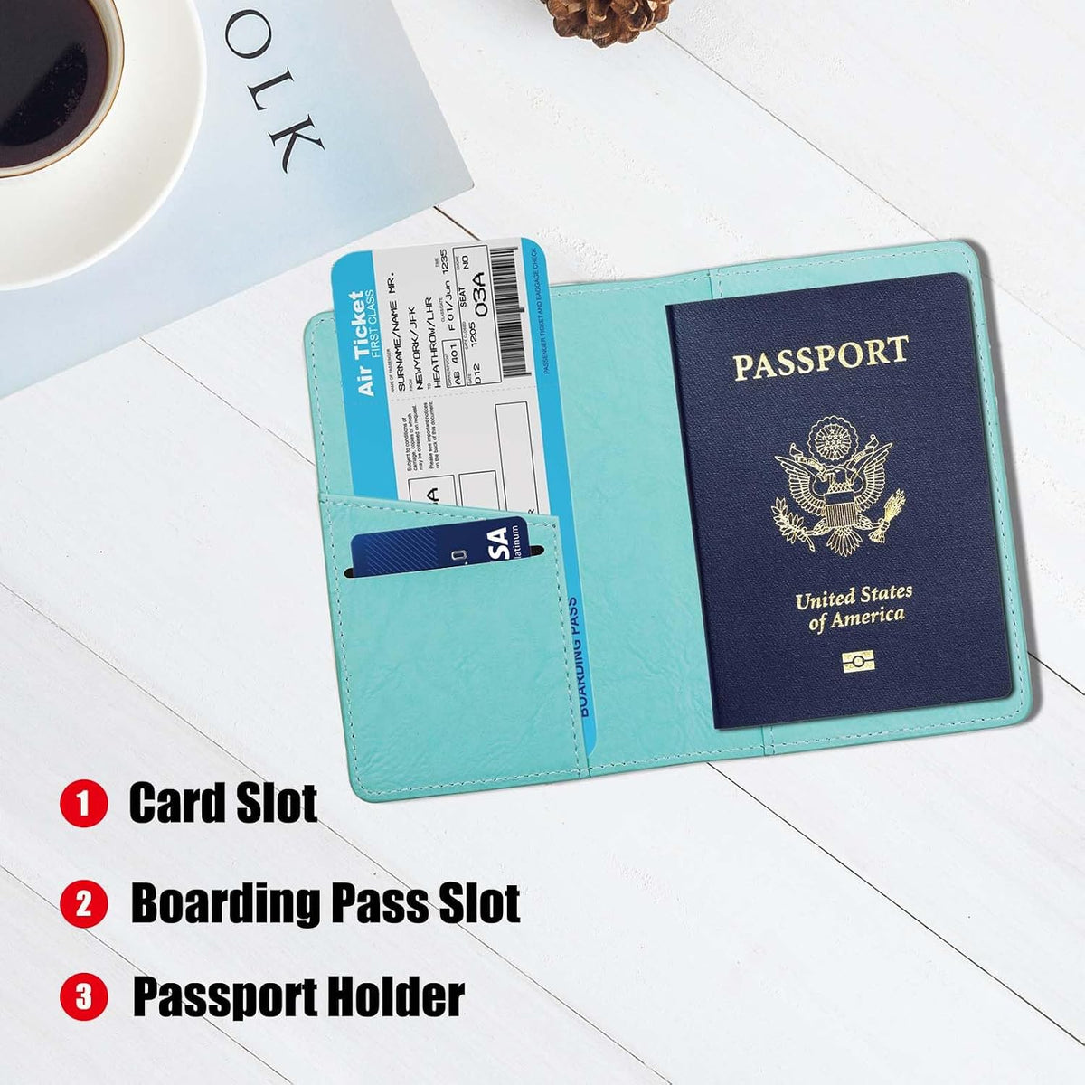 Passport Holder with RFID Blocking, Cash Pocket & Back Zipper Coin Pocket - Travel Document Holder, Magnetic Button, Multiple Card Slots - Soft PU Leather for Men and Women(AQUA GREEN)