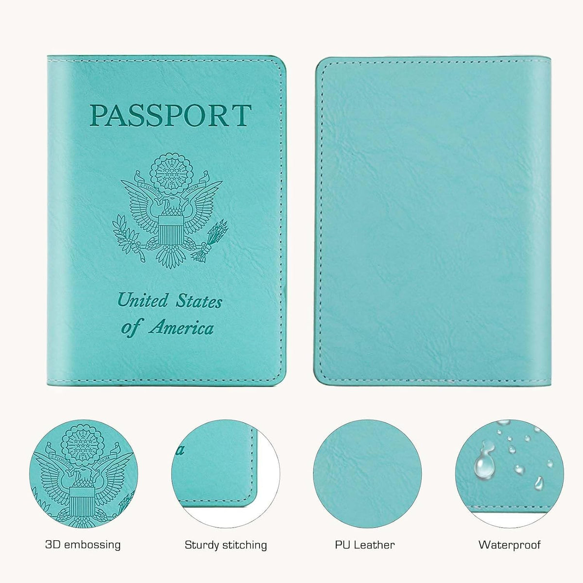 Passport Holder with RFID Blocking, Cash Pocket & Back Zipper Coin Pocket - Travel Document Holder, Magnetic Button, Multiple Card Slots - Soft PU Leather for Men and Women(AQUA GREEN)