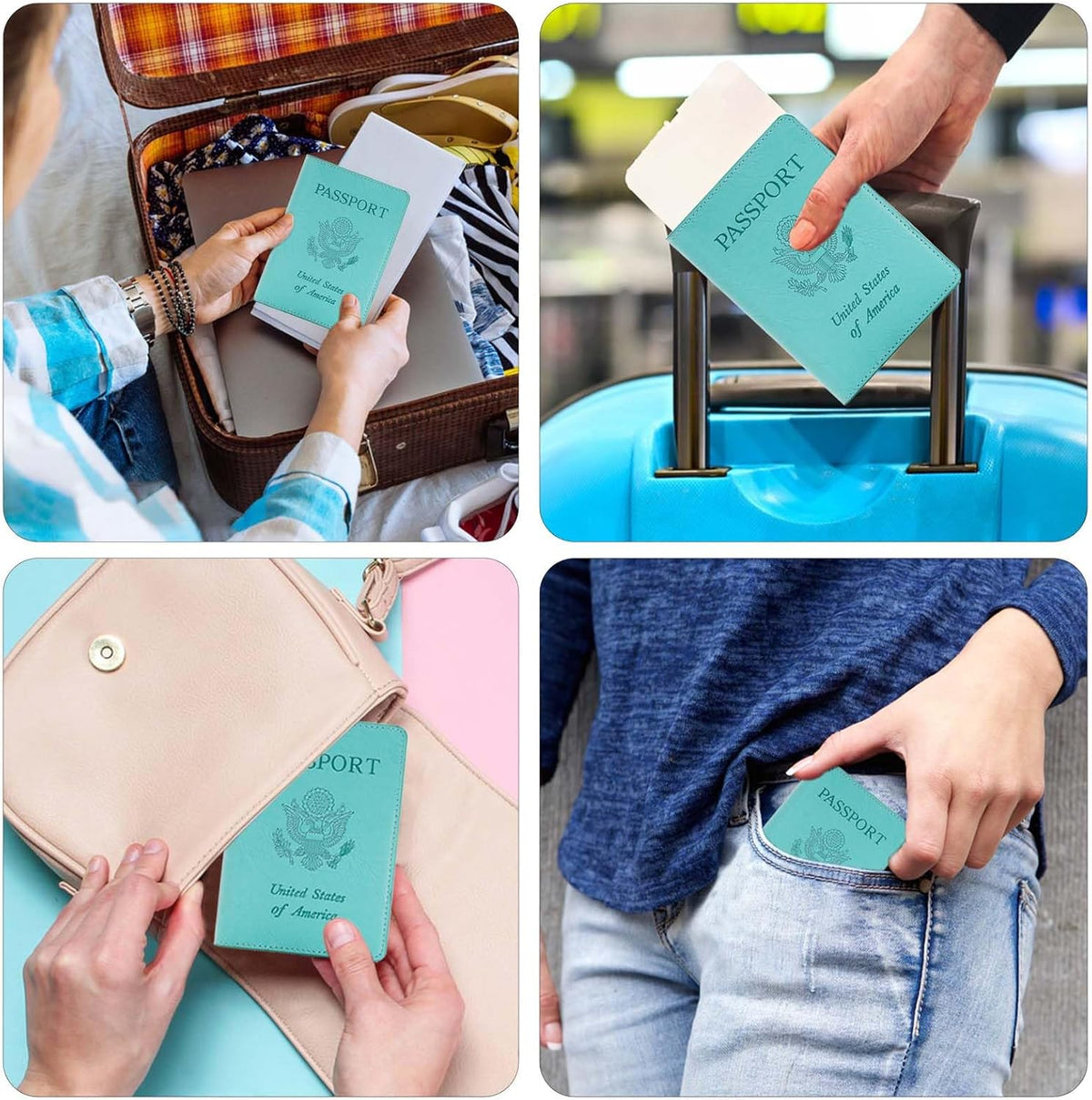 Passport Holder with RFID Blocking, Cash Pocket & Back Zipper Coin Pocket - Travel Document Holder, Magnetic Button, Multiple Card Slots - Soft PU Leather for Men and Women(AQUA GREEN)