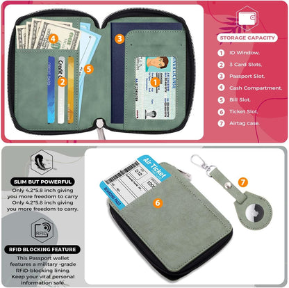 Passport Holder with RFID Blocking, Cash Pocket & Back Zipper Coin Pocket - Travel Document Holder, Magnetic Button, Multiple Card Slots - Soft PU Leather for Men and Women(AQUA GREEN)