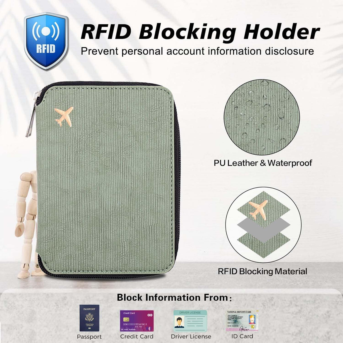 Passport Holder with RFID Blocking, Cash Pocket & Back Zipper Coin Pocket - Travel Document Holder, Magnetic Button, Multiple Card Slots - Soft PU Leather for Men and Women(AQUA GREEN)