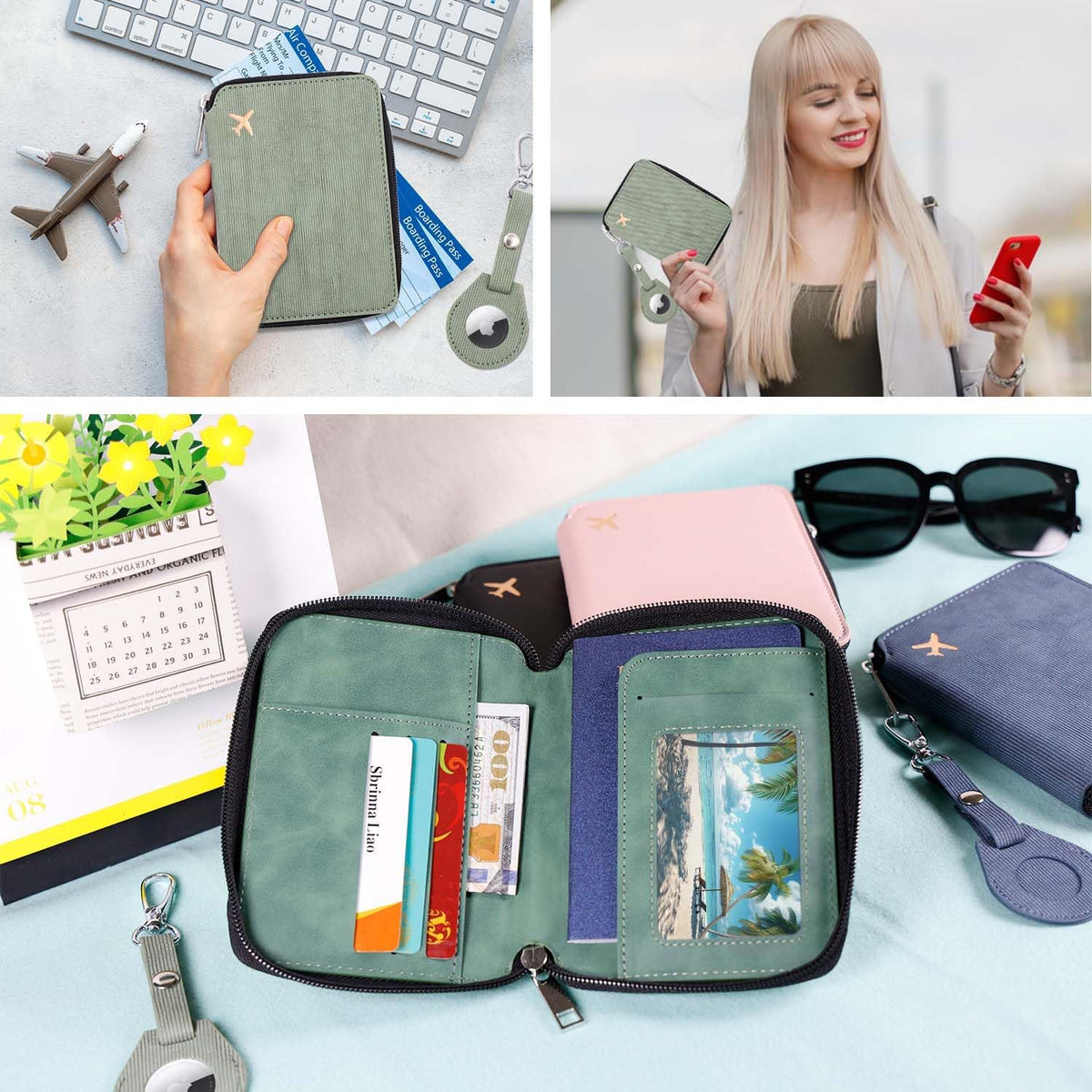 Passport Holder with RFID Blocking, Cash Pocket & Back Zipper Coin Pocket - Travel Document Holder, Magnetic Button, Multiple Card Slots - Soft PU Leather for Men and Women(AQUA GREEN)