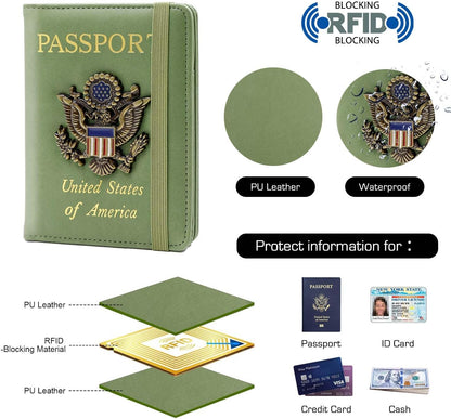 Passport Holder with RFID Blocking, Cash Pocket & Back Zipper Coin Pocket - Travel Document Holder, Magnetic Button, Multiple Card Slots - Soft PU Leather for Men and Women(AQUA GREEN)