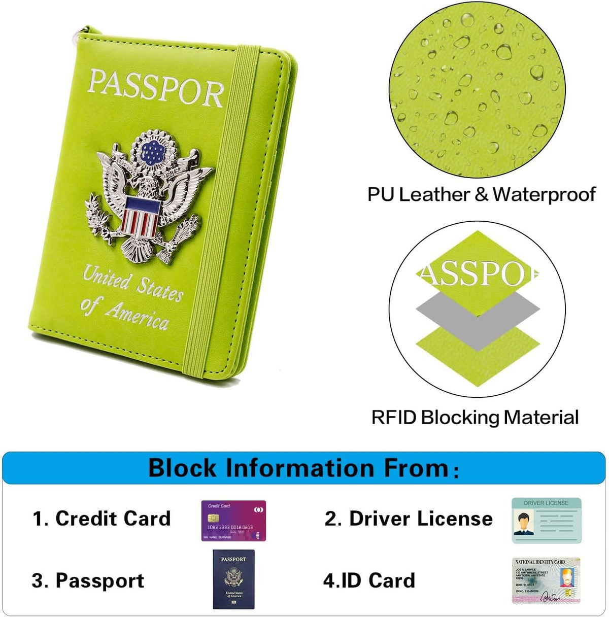 Passport Holder with RFID Blocking, Cash Pocket & Back Zipper Coin Pocket - Travel Document Holder, Magnetic Button, Multiple Card Slots - Soft PU Leather for Men and Women(AQUA GREEN)