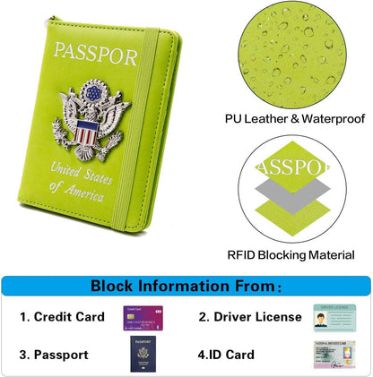 Passport Holder with RFID Blocking, Cash Pocket & Back Zipper Coin Pocket - Travel Document Holder, Magnetic Button, Multiple Card Slots - Soft PU Leather for Men and Women(AQUA GREEN)