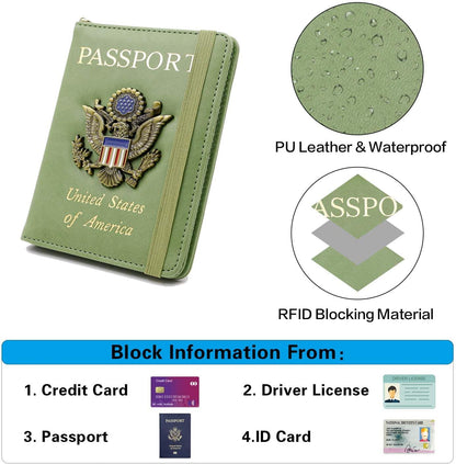 Passport Holder with RFID Blocking, Cash Pocket & Back Zipper Coin Pocket - Travel Document Holder, Magnetic Button, Multiple Card Slots - Soft PU Leather for Men and Women(AQUA GREEN)