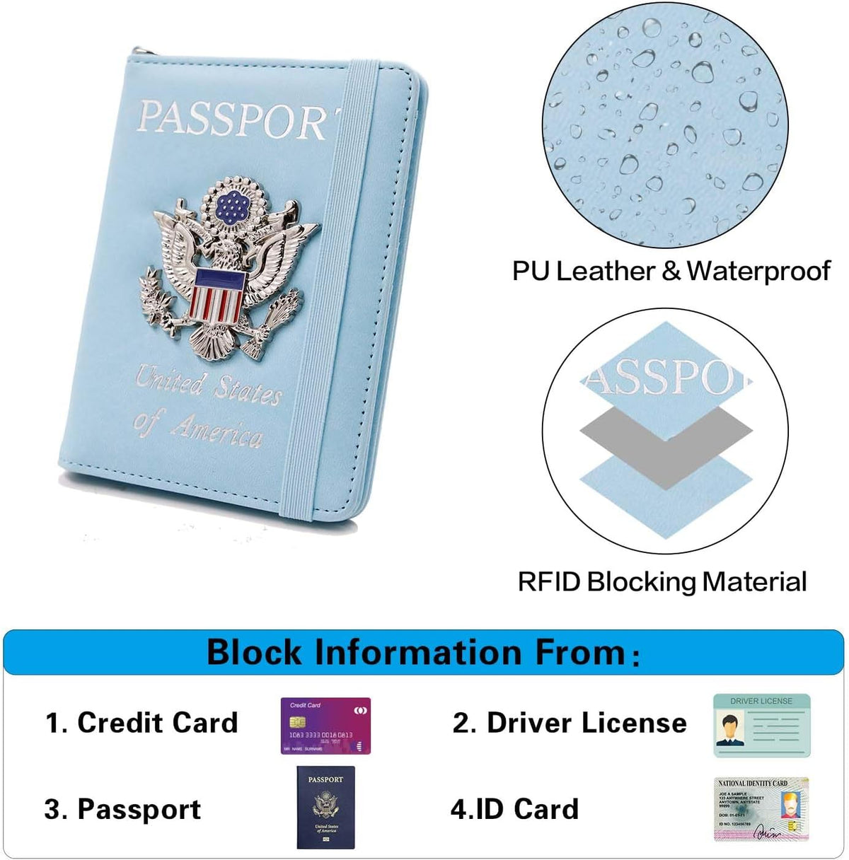 Passport Holder with RFID Blocking, Cash Pocket & Back Zipper Coin Pocket - Travel Document Holder, Magnetic Button, Multiple Card Slots - Soft PU Leather for Men and Women(AQUA GREEN)