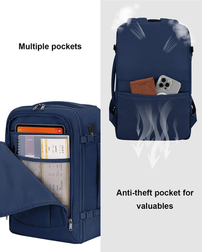 35L TSA Friendly Travel Laptop Backpack for Men and Women, Large Carry-On Business Backpack with 17.3 In Laptop Compartment, Waterproof Oxford Fabric, Anti-Theft Pocket, Multiple Pockets, Blue