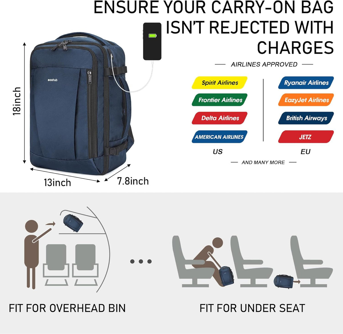 35L TSA Friendly Travel Laptop Backpack for Men and Women, Large Carry-On Business Backpack with 17.3 In Laptop Compartment, Waterproof Oxford Fabric, Anti-Theft Pocket, Multiple Pockets, Blue