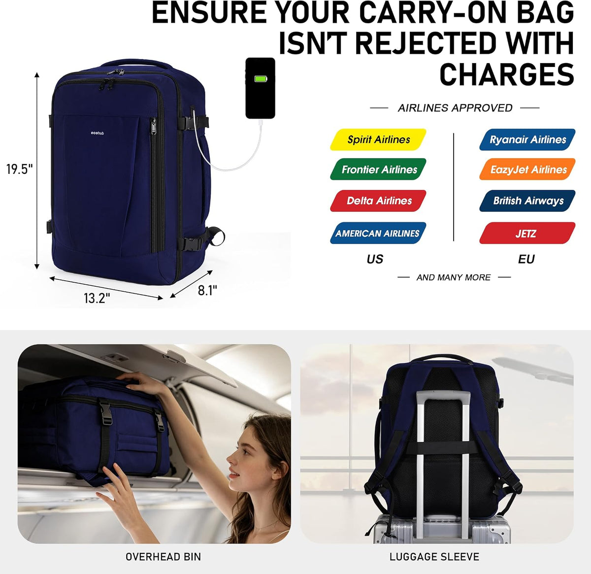 35L TSA Friendly Travel Laptop Backpack for Men and Women, Large Carry-On Business Backpack with 17.3 In Laptop Compartment, Waterproof Oxford Fabric, Anti-Theft Pocket, Multiple Pockets, Blue