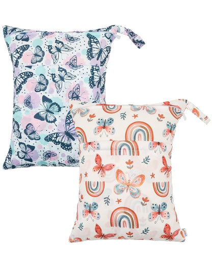 ALVA 2pcs Cloth Diaper Wet Dry Bags Waterproof Reusable with Two Zippered Pockets Travel Beach Pool Daycare Soiled Baby Items Yoga Gym Bag for Swimsuits or Wet Clothes LX-AMD0912 - Colors A