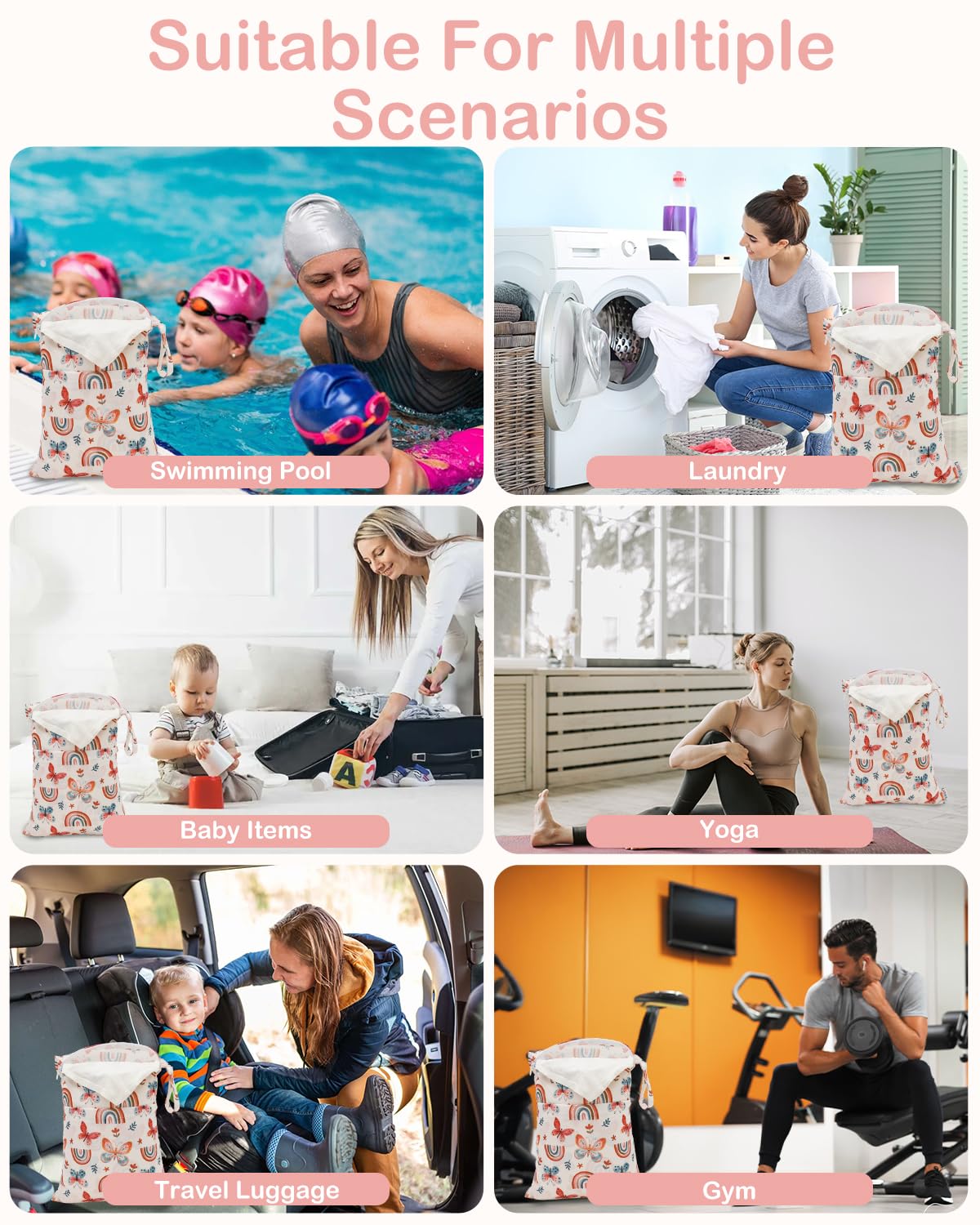 ALVA 2pcs Cloth Diaper Wet Dry Bags Waterproof Reusable with Two Zippered Pockets Travel Beach Pool Daycare Soiled Baby Items Yoga Gym Bag for Swimsuits or Wet Clothes LX-AMD0912 - Colors A