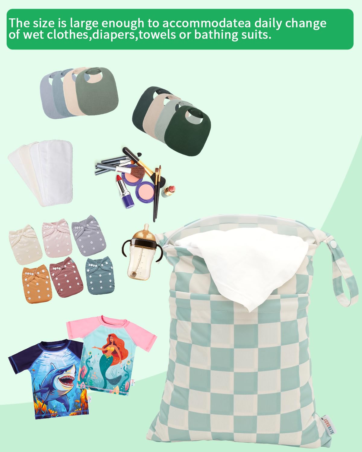 ALVA 2pcs Cloth Diaper Wet Dry Bags Waterproof Reusable with Two Zippered Pockets Travel Beach Pool Daycare Soiled Baby Items Yoga Gym Bag for Swimsuits or Wet Clothes LX-AMD0912 - Colors A