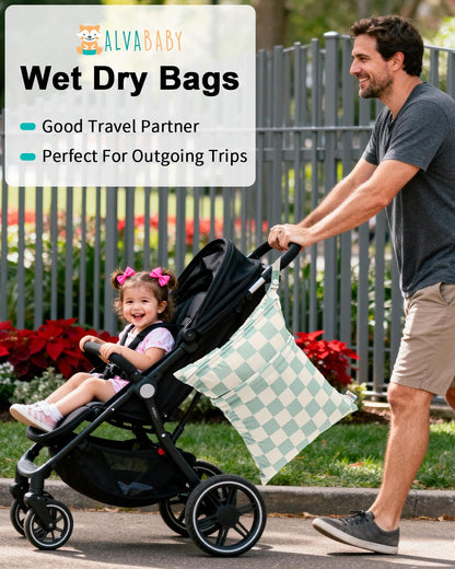 ALVA 2pcs Cloth Diaper Wet Dry Bags Waterproof Reusable with Two Zippered Pockets Travel Beach Pool Daycare Soiled Baby Items Yoga Gym Bag for Swimsuits or Wet Clothes LX-AMD0912 - Colors A