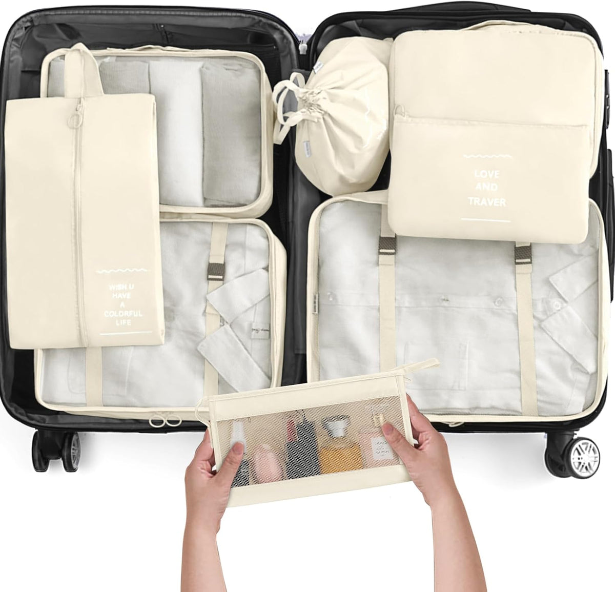 8 Set Packing Cubes for Travel, Luggage Packing Organizers Accessories Large Toiletries Bag for Clothes Shoes Cosmetics (8Set-Pink Bow)