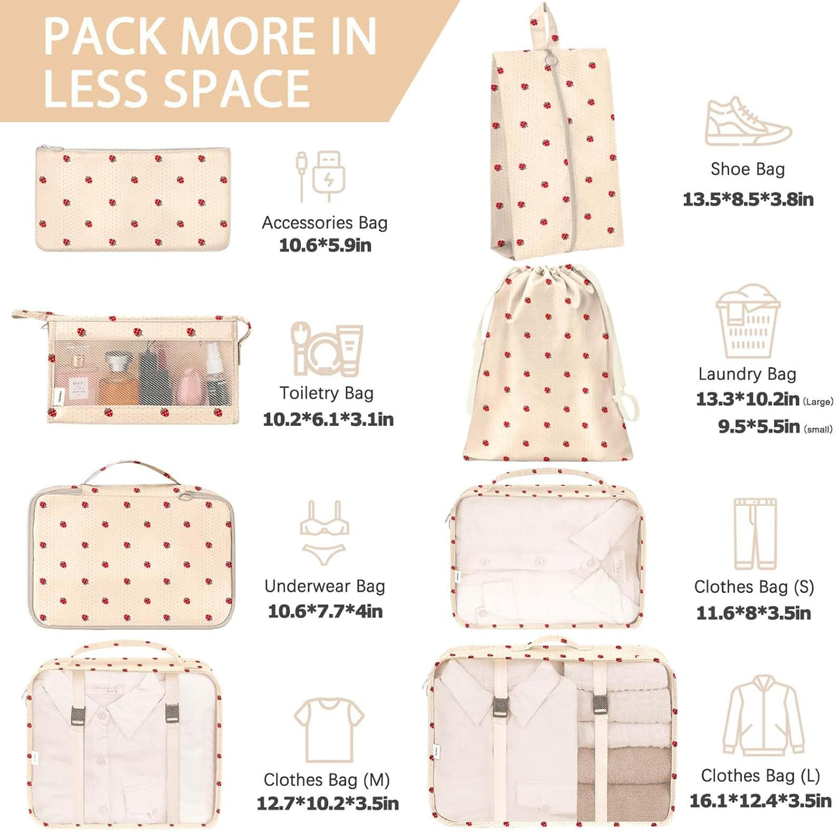 8 Set Packing Cubes for Travel, Luggage Packing Organizers Accessories Large Toiletries Bag for Clothes Shoes Cosmetics (8Set-Pink Bow)