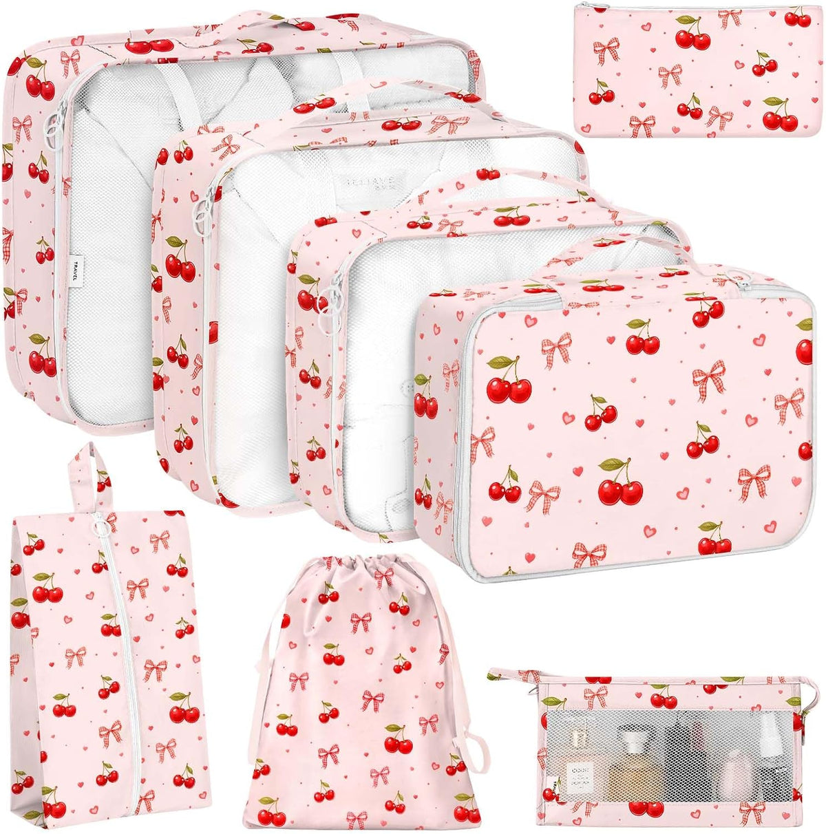 8 Set Packing Cubes for Travel, Luggage Packing Organizers Accessories Large Toiletries Bag for Clothes Shoes Cosmetics (8Set-Pink Bow)