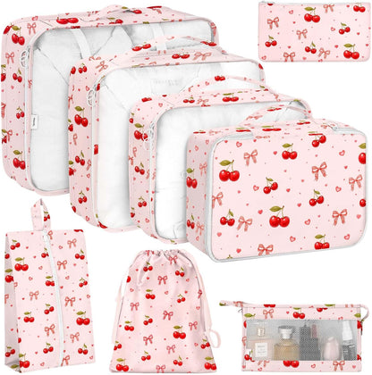 8 Set Packing Cubes for Travel, Luggage Packing Organizers Accessories Large Toiletries Bag for Clothes Shoes Cosmetics (8Set-Pink Bow)