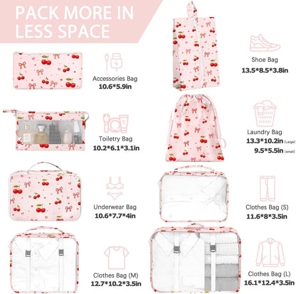 8 Set Packing Cubes for Travel, Luggage Packing Organizers Accessories Large Toiletries Bag for Clothes Shoes Cosmetics (8Set-Pink Bow)