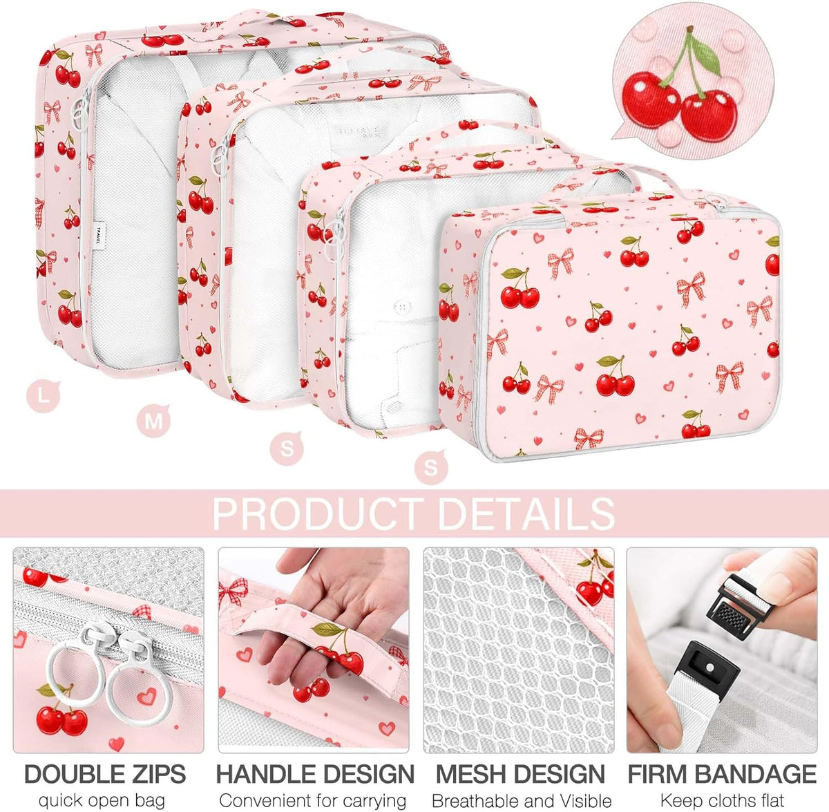 8 Set Packing Cubes for Travel, Luggage Packing Organizers Accessories Large Toiletries Bag for Clothes Shoes Cosmetics (8Set-Pink Bow)