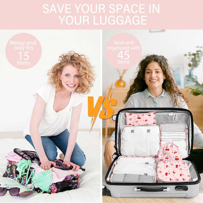 8 Set Packing Cubes for Travel, Luggage Packing Organizers Accessories Large Toiletries Bag for Clothes Shoes Cosmetics (8Set-Pink Bow)