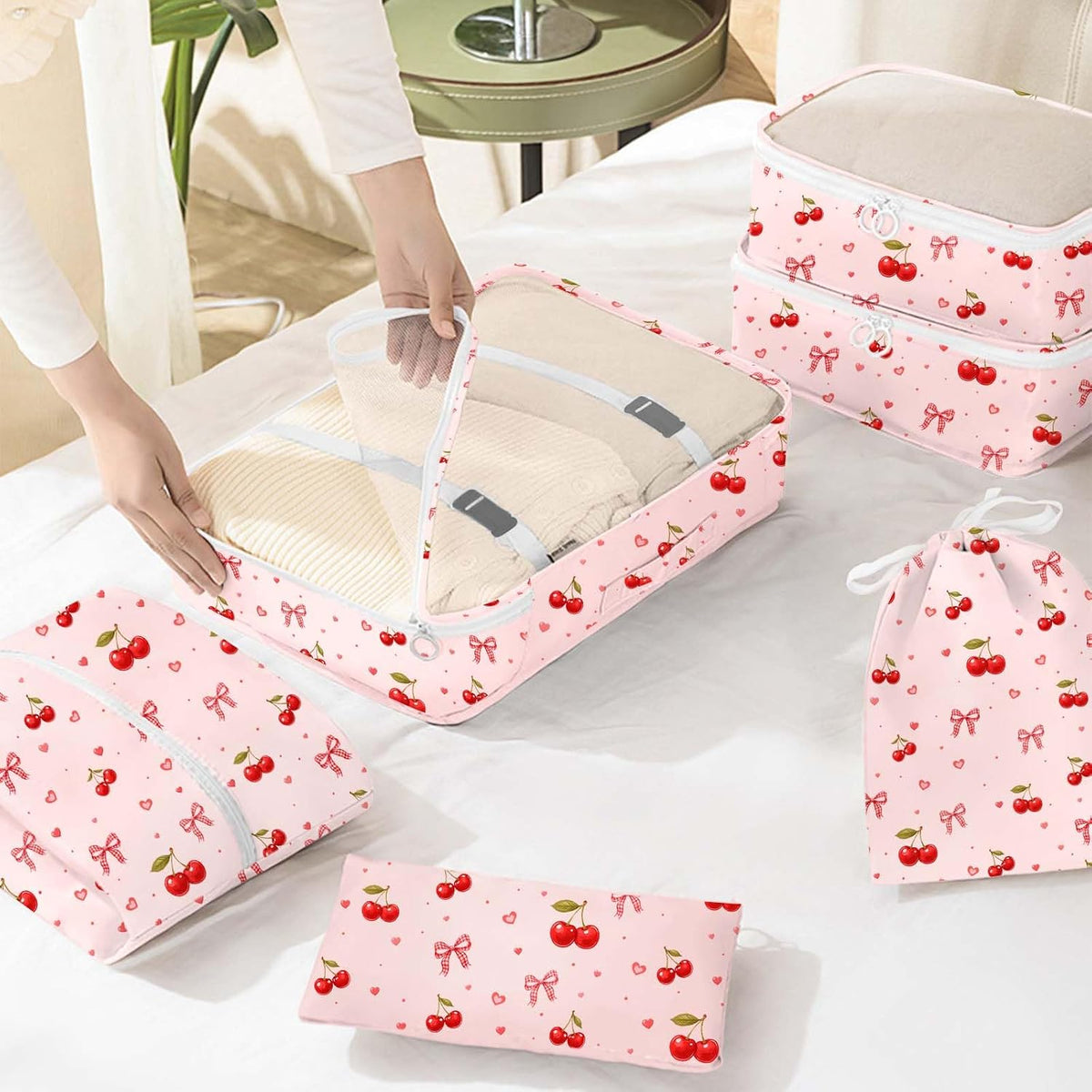 8 Set Packing Cubes for Travel, Luggage Packing Organizers Accessories Large Toiletries Bag for Clothes Shoes Cosmetics (8Set-Pink Bow)
