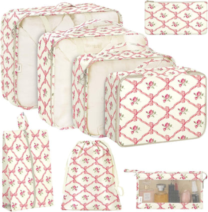 8 Set Packing Cubes for Travel, Luggage Packing Organizers Accessories Large Toiletries Bag for Clothes Shoes Cosmetics (8Set-Pink Bow)