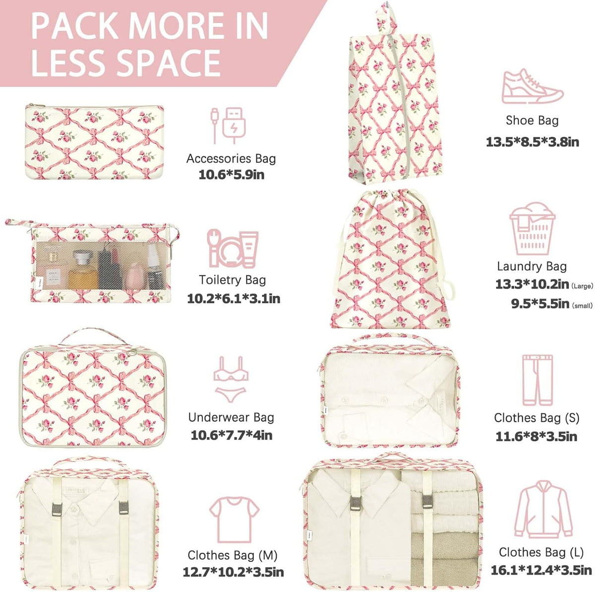8 Set Packing Cubes for Travel, Luggage Packing Organizers Accessories Large Toiletries Bag for Clothes Shoes Cosmetics (8Set-Pink Bow)
