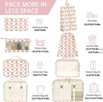 8 Set Packing Cubes for Travel, Luggage Packing Organizers Accessories Large Toiletries Bag for Clothes Shoes Cosmetics (8Set-Pink Bow)
