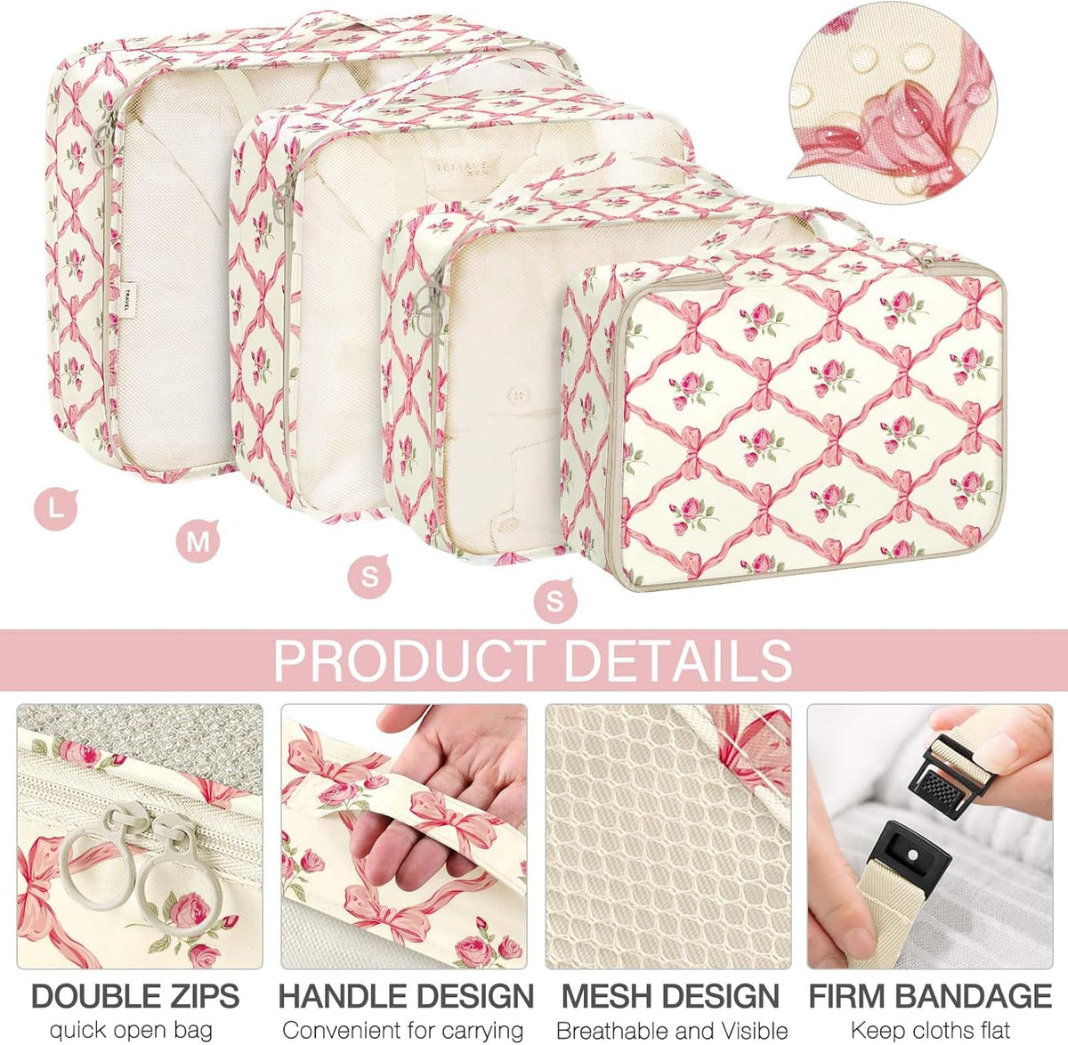 8 Set Packing Cubes for Travel, Luggage Packing Organizers Accessories Large Toiletries Bag for Clothes Shoes Cosmetics (8Set-Pink Bow)