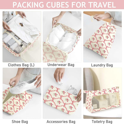8 Set Packing Cubes for Travel, Luggage Packing Organizers Accessories Large Toiletries Bag for Clothes Shoes Cosmetics (8Set-Pink Bow)
