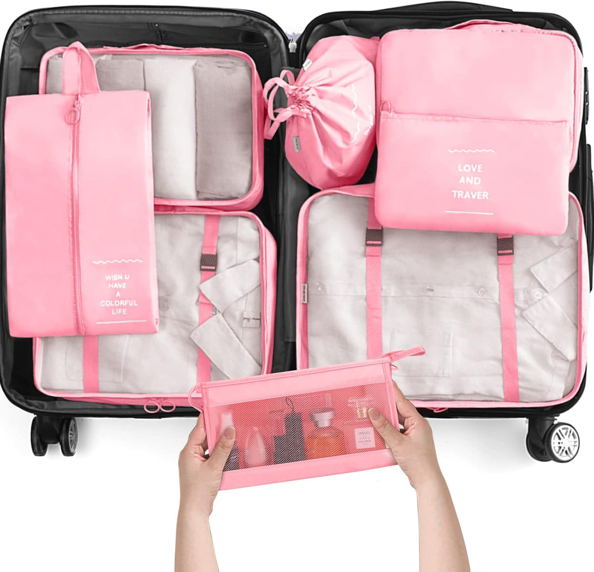 8 Set Packing Cubes for Travel, Luggage Packing Organizers Accessories Large Toiletries Bag for Clothes Shoes Cosmetics (8Set-Pink Bow)