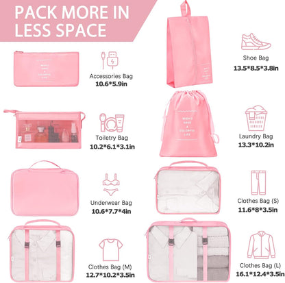 8 Set Packing Cubes for Travel, Luggage Packing Organizers Accessories Large Toiletries Bag for Clothes Shoes Cosmetics (8Set-Pink Bow)