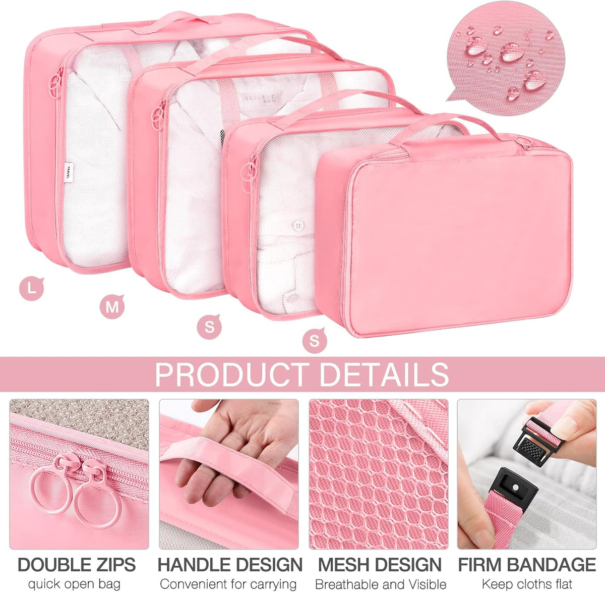 8 Set Packing Cubes for Travel, Luggage Packing Organizers Accessories Large Toiletries Bag for Clothes Shoes Cosmetics (8Set-Pink Bow)