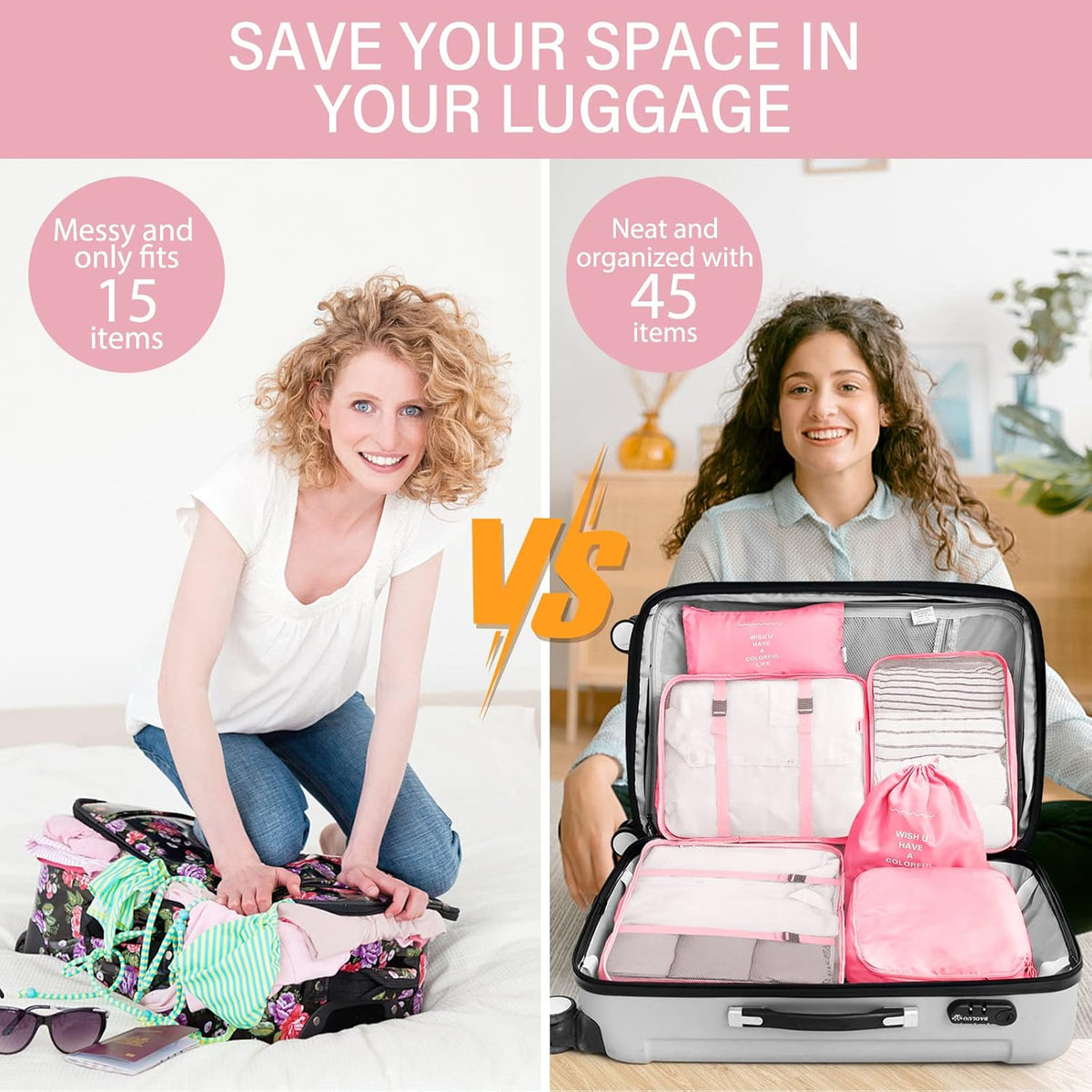 8 Set Packing Cubes for Travel, Luggage Packing Organizers Accessories Large Toiletries Bag for Clothes Shoes Cosmetics (8Set-Pink Bow)