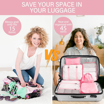 8 Set Packing Cubes for Travel, Luggage Packing Organizers Accessories Large Toiletries Bag for Clothes Shoes Cosmetics (8Set-Pink Bow)