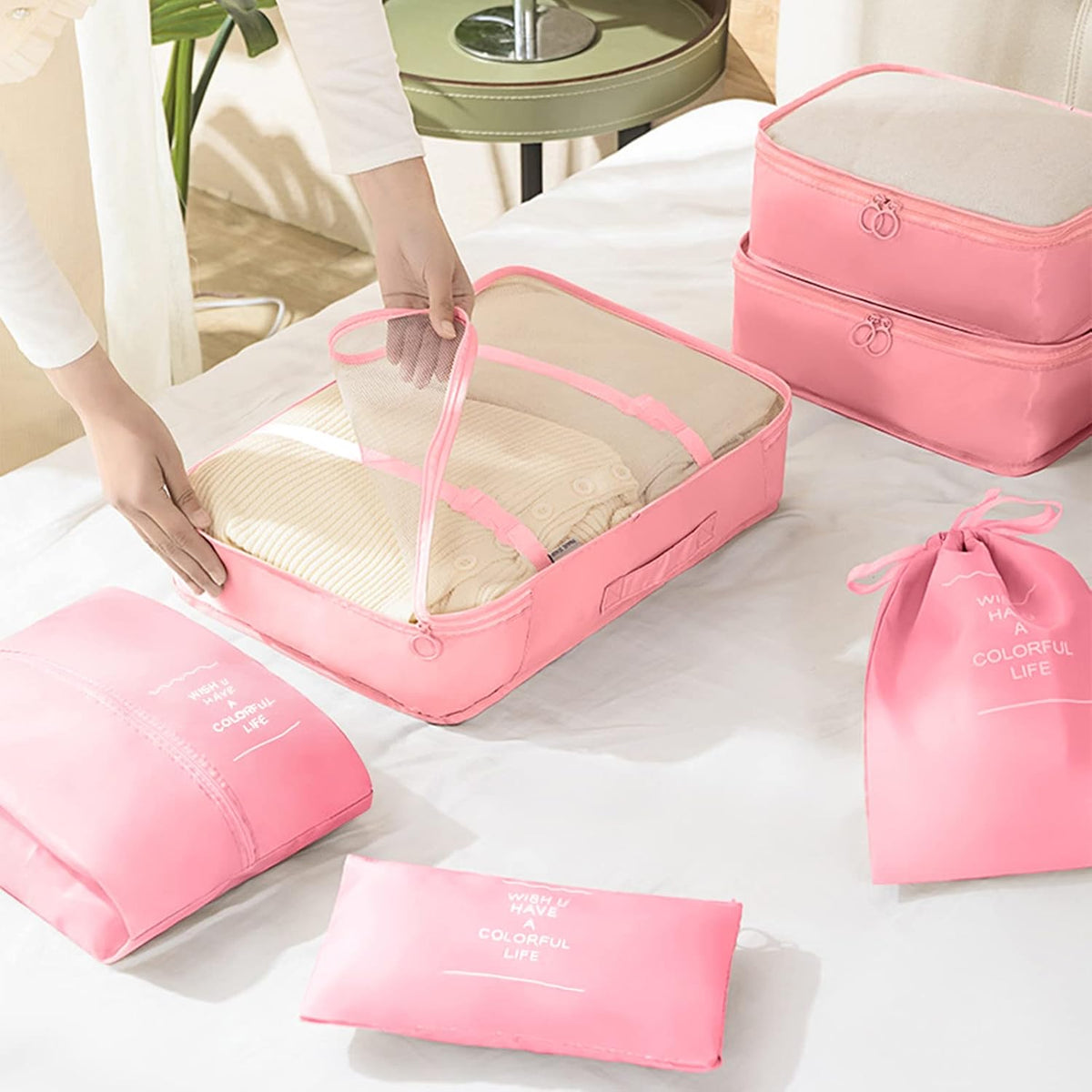 8 Set Packing Cubes for Travel, Luggage Packing Organizers Accessories Large Toiletries Bag for Clothes Shoes Cosmetics (8Set-Pink Bow)