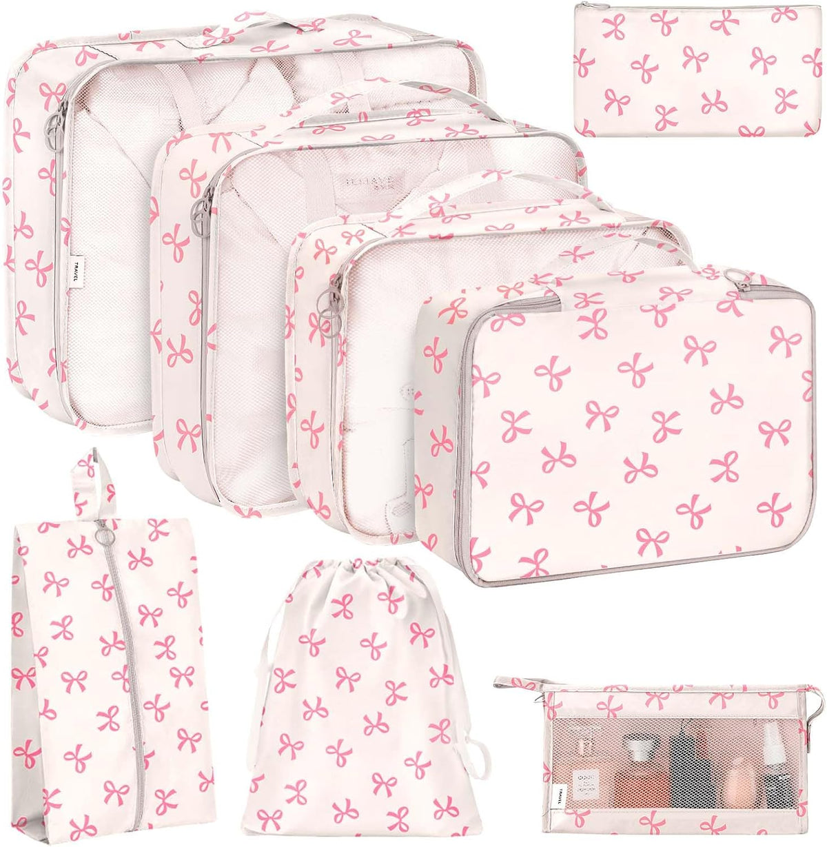 8 Set Packing Cubes for Travel, Luggage Packing Organizers Accessories Large Toiletries Bag for Clothes Shoes Cosmetics (8Set-Pink Bow)